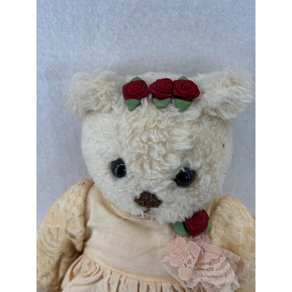 Christmas Corner Vintage White Bear 10" Lace Beige Dress with Roses - Picture 3 of 5